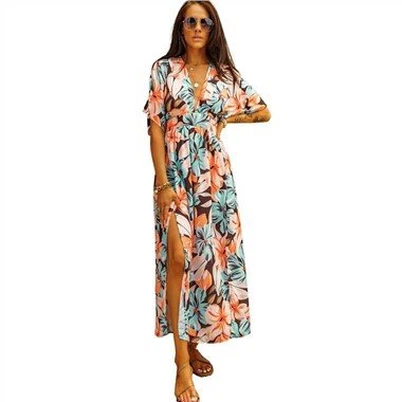 Orangefarbenes Kimono-Maxikleid mit Blumenmuster